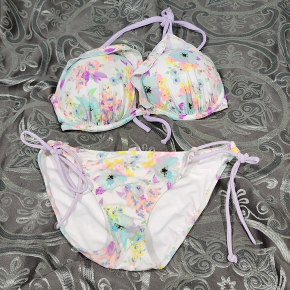 Victorias Secret White Pastel Floral Bikini Set Halter Size 32dd Top S Bottom - Picture 1 of 12